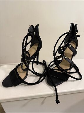 Marciano Black Braided Lace-Up Stiletto Sandals